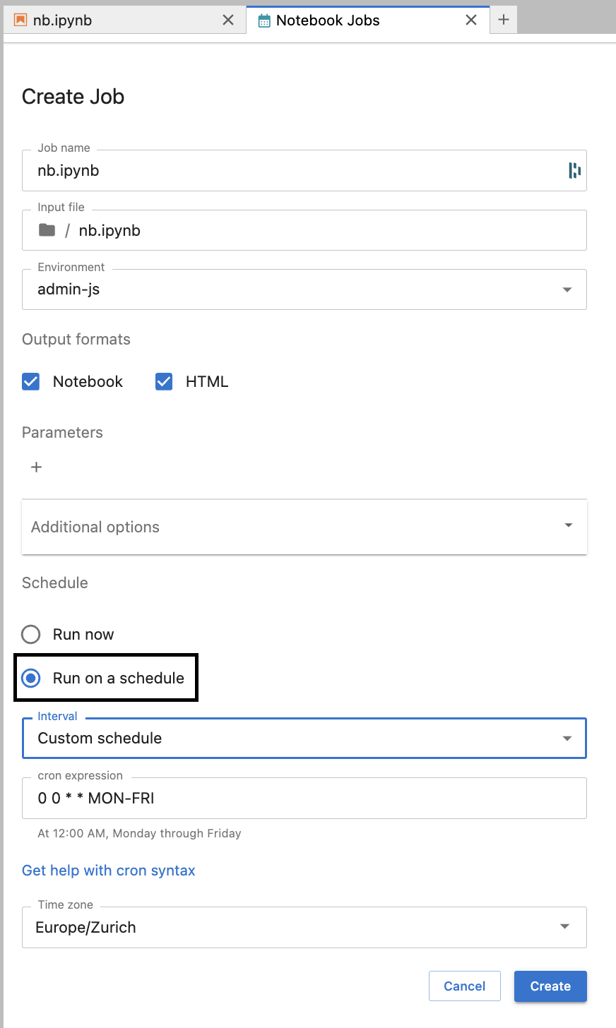 Jupyter-Scheduler UI - create a job definition to run on a specified schedule.